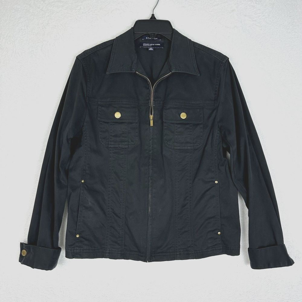 Jones New York Signature Stretch Zip Front Jacket Coat Size Medium Black